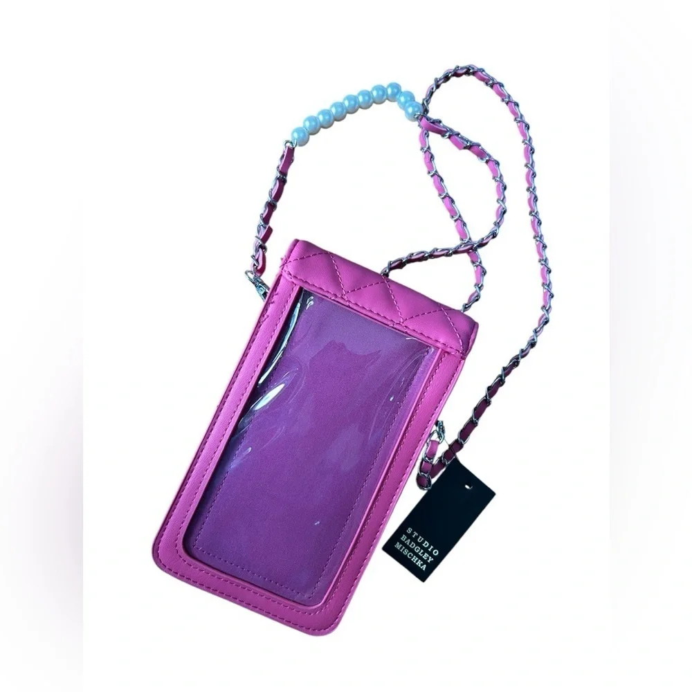 NWT Badgley Mischka Fuchsia Pink Quilted Phone Case w/ Chain Strap vegan leather